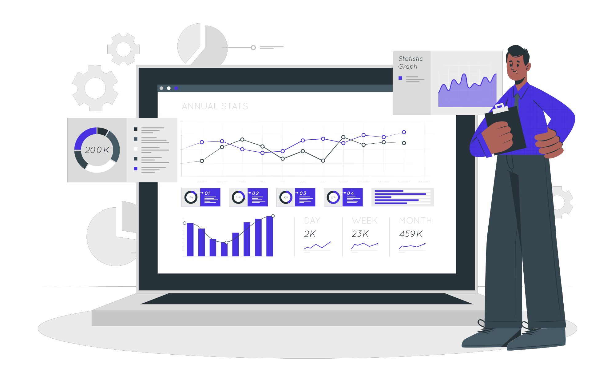 A man standing in front of a laptop with graphs on it.